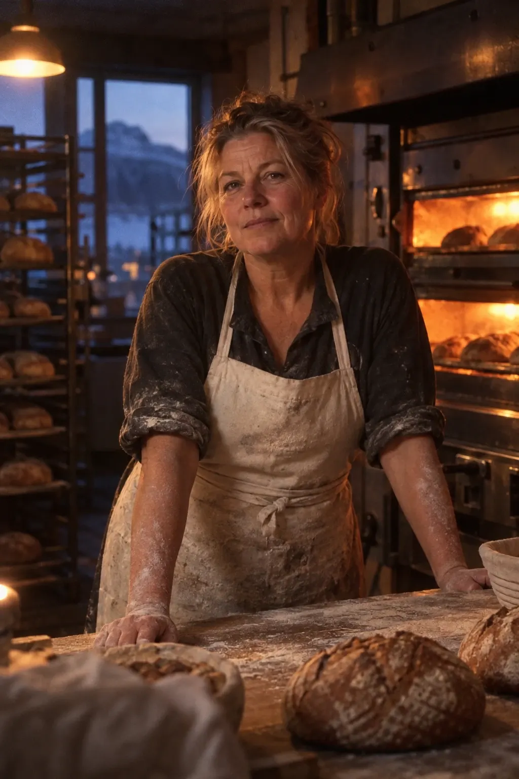 A baker in her fifties by the ovens, flour on her arms.