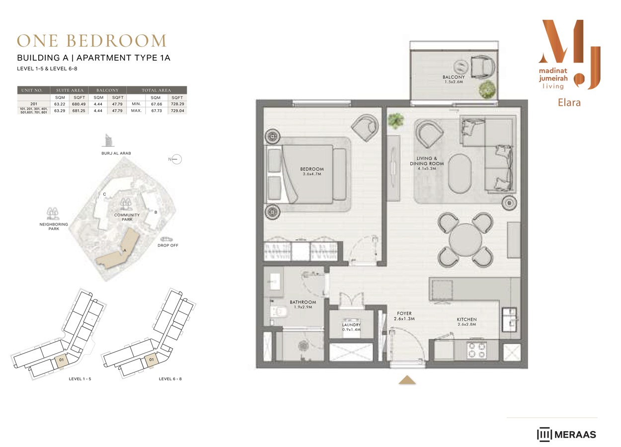 Elara by Meraas Floor Plan 1BR