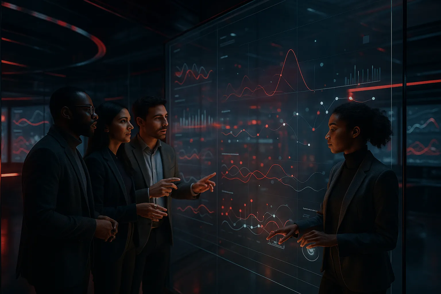 RockN' Socials team analyzing data on screens; Digital Marketing Agency.