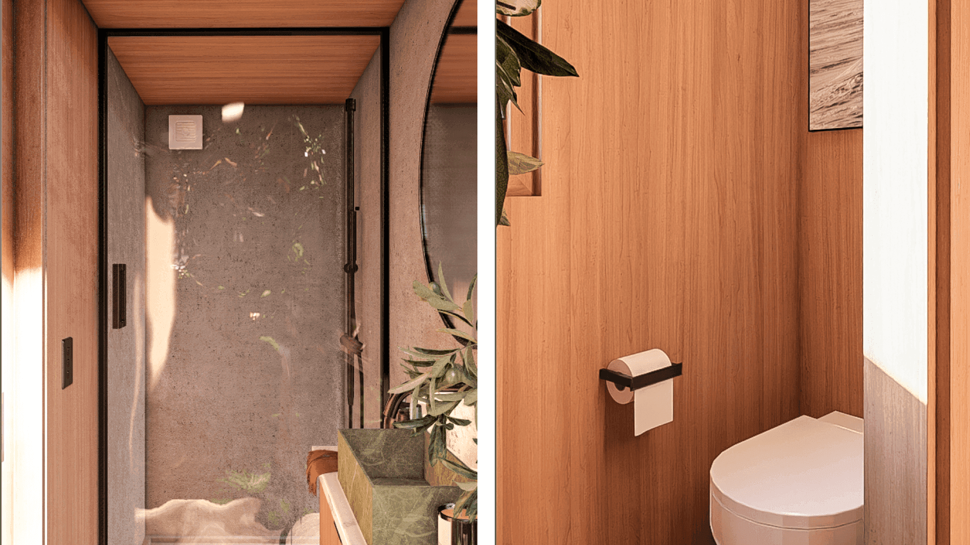 Green Tiny House bathroom dimensions perfectly accommodate the essentials in a bathroom, including a shower, a slim hung vanity, and a compost toilet nook