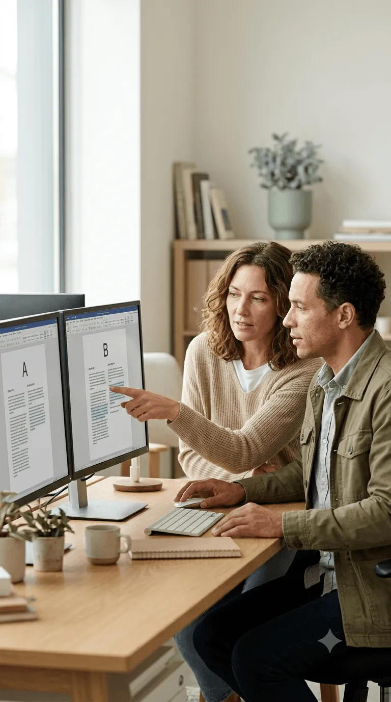 Two people smiling and working at a desk with notebook.