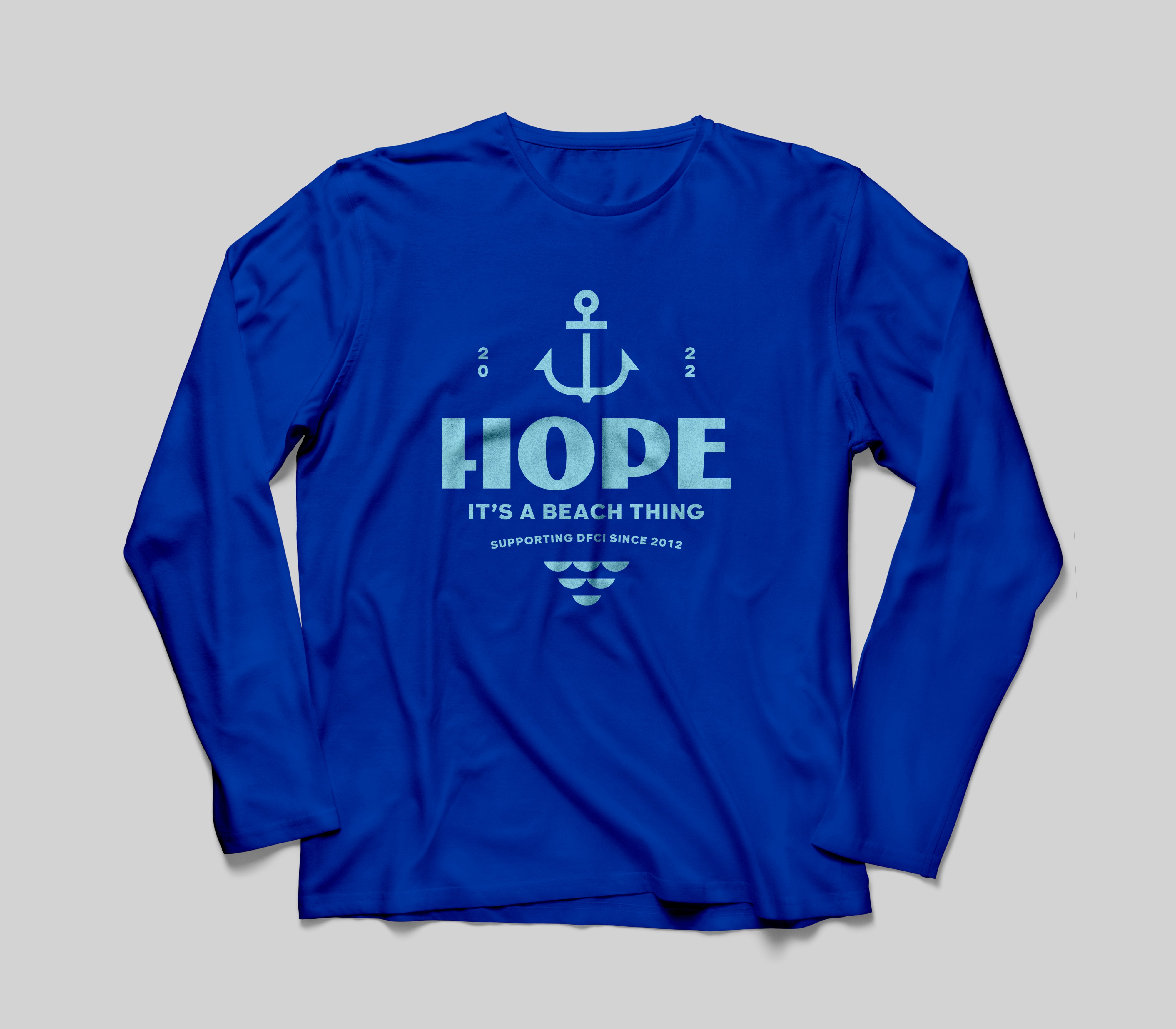 Royal blue long sleeve technical shirt with 'HOPE IT'S A BEACH THING' graphic screen printed in sky blue on the front of the shirt.