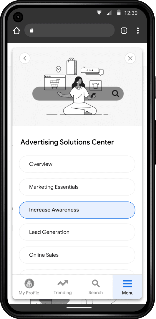 Mobile screen display of the Think with Google home page