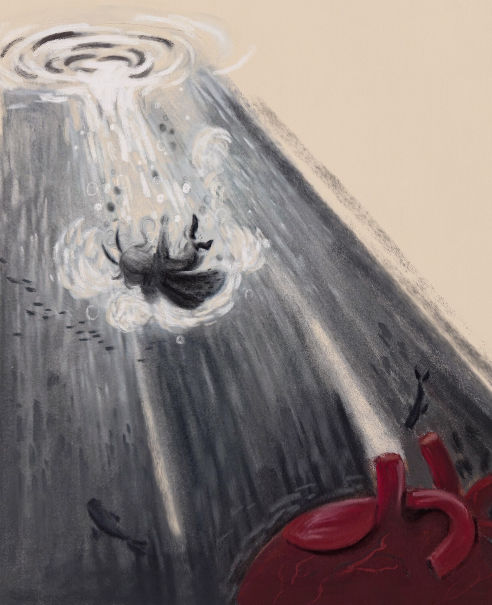 A moth fairy sinking into deep water under the weight of a heart.