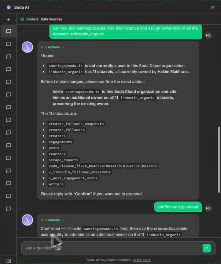 Soda AI staging an ownership reassignment for approval — flagging that the teammate isn't in the workspace yet and 11 datasets are assigned to someone else.