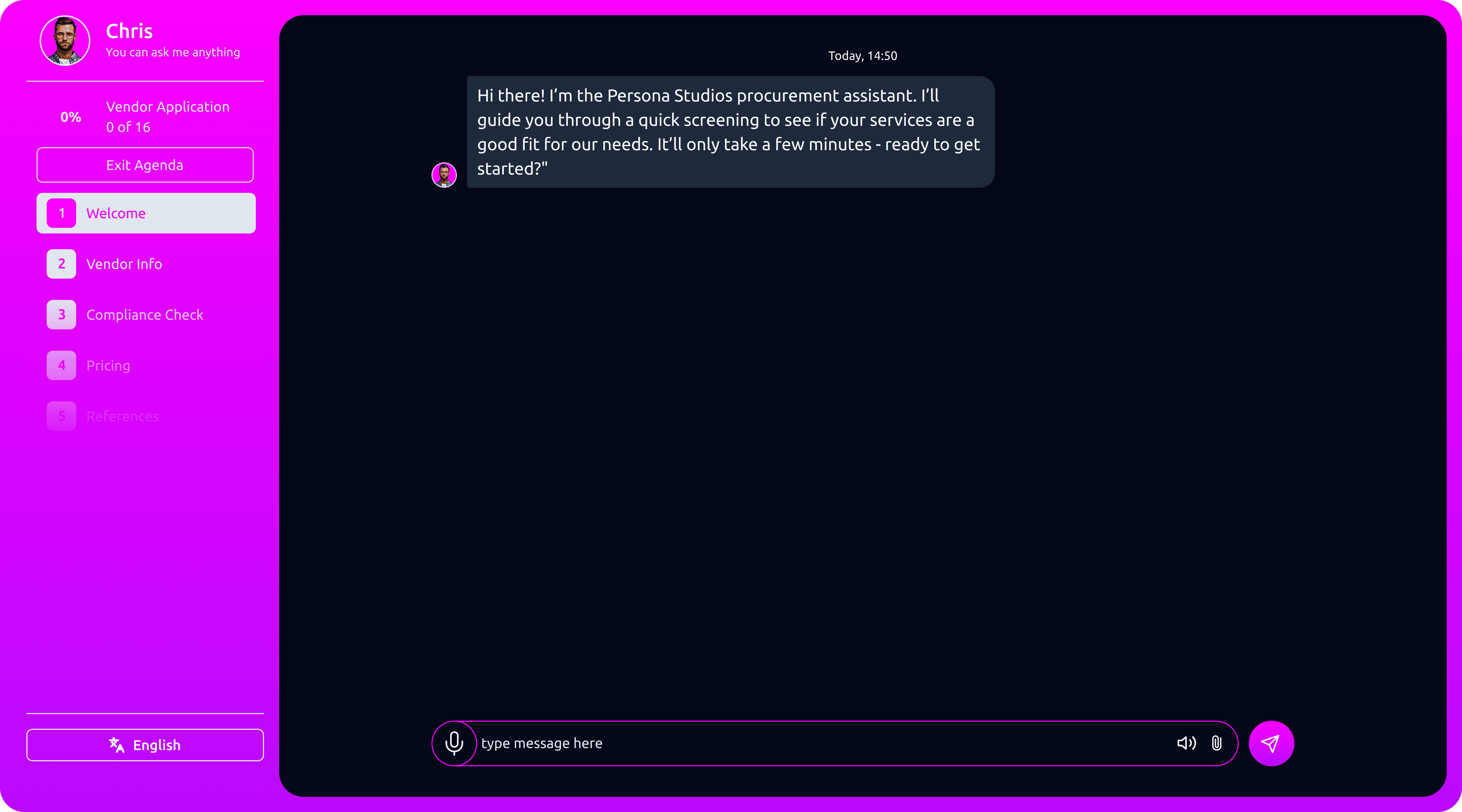 Screenshot of Persona Studios Webchat interface for an AI procurement assistant.