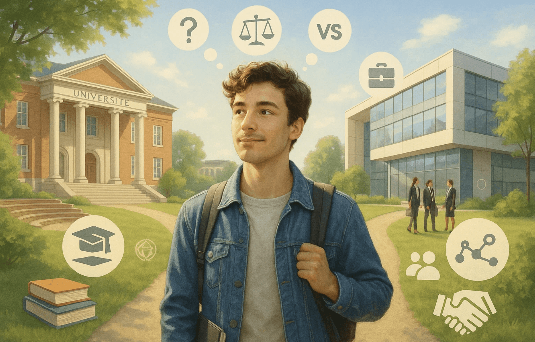 Étudiant souriant portant un sac à dos, hésitant entre une université à gauche, avec un bâtiment classique et des livres, et une école privée moderne à droite, avec des étudiants en tenue professionnelle. Des icônes flottent autour de lui (balance, point d’interrogation, “VS”, mallette, poignée de main), illustrant ses doutes positifs et sa réflexion sur son orientation post-bac 2025.