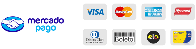 Logo do Mercado Pago com mãos apertadas e diversas bandeiras de cartões de crédito e outras formas de pagamento, incluindo Visa, MasterCard, American Express, Hipercard, Diners Club, Boleto, Elo e cartão Mercado Livre.