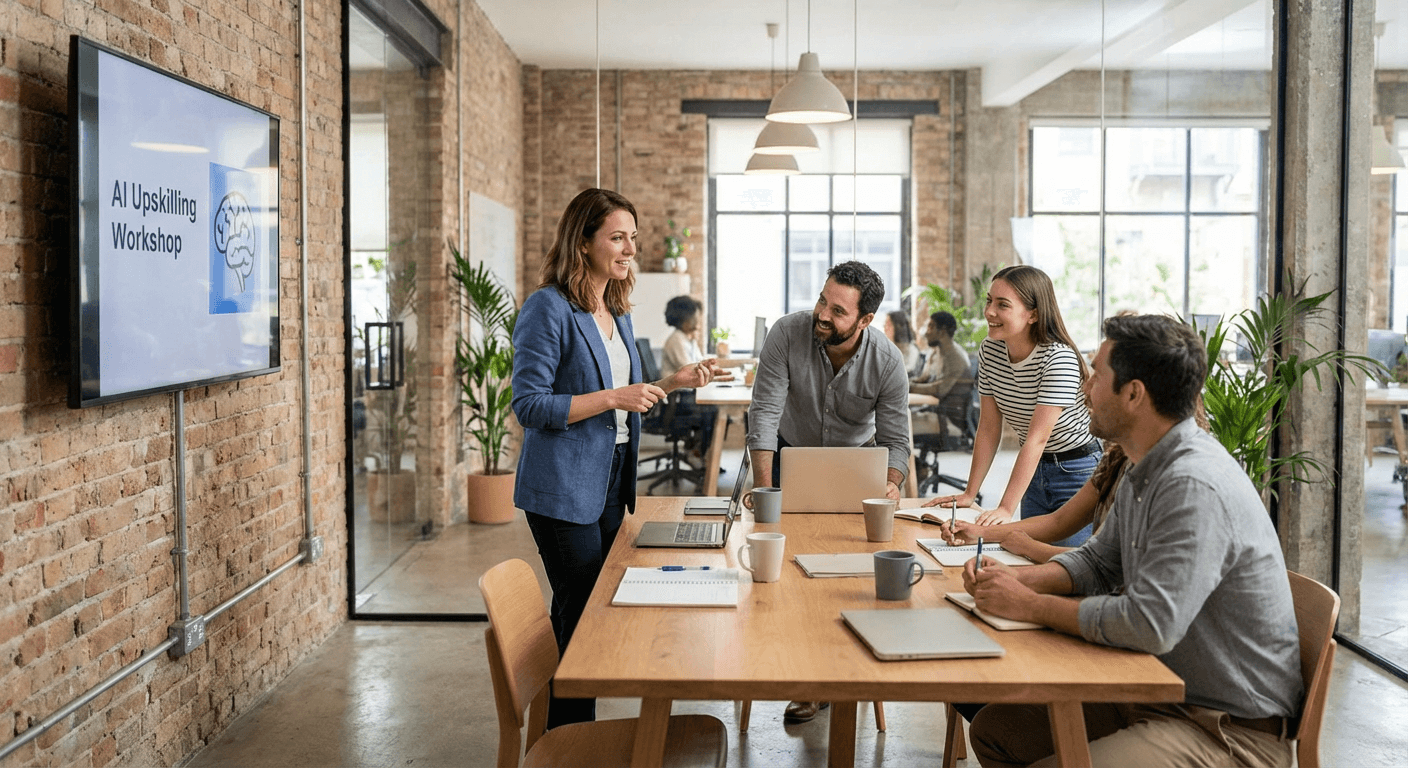 A woman presents an AI upskilling workshop to a group of employees in a modern office setting.