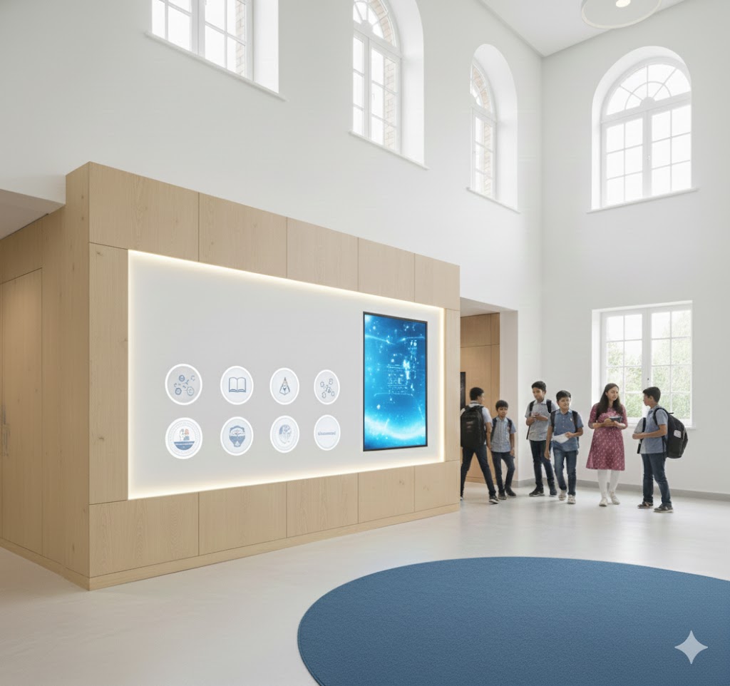 A school building stands against the backdrop of a clear sky