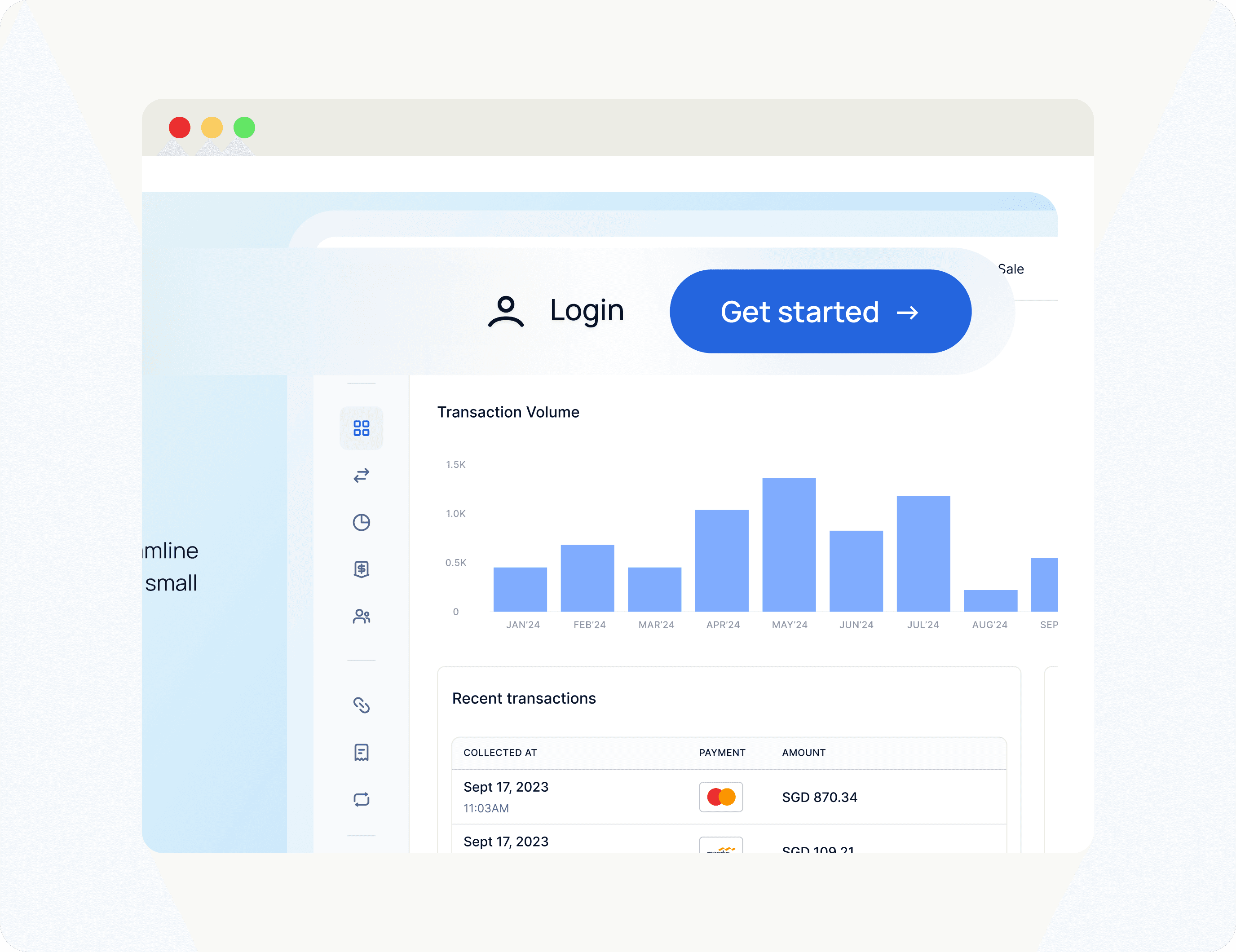 Screen shows user interface with transaction data, volume graph, & list. Log-in/get started options.