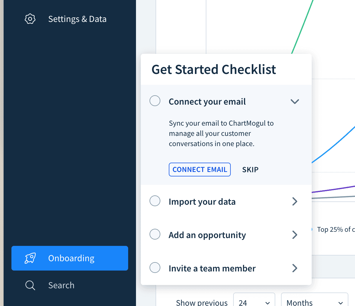ChartMogul's onboarding checklist opens from a persistent sidebar widget. Each task includes a short explanation and a direct CTA ("Connect Email") with an option to skip.