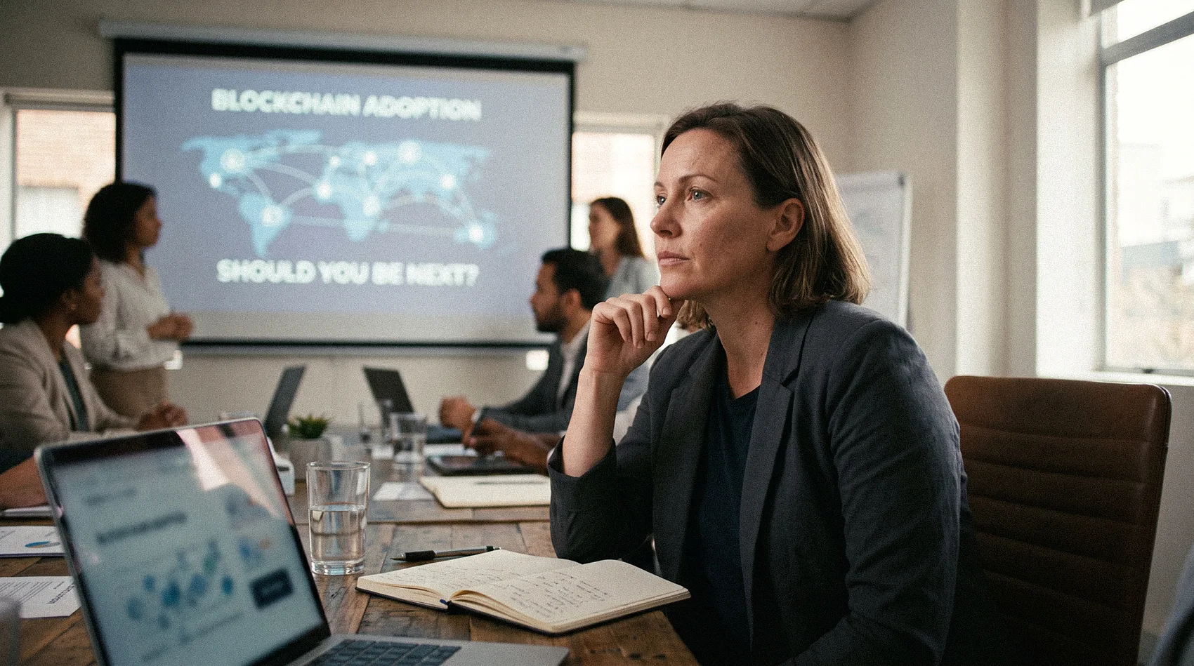 Business woman thinking in meeting with projector screen Blockchain Adoption world map Should You Be Next - BaaS AWS