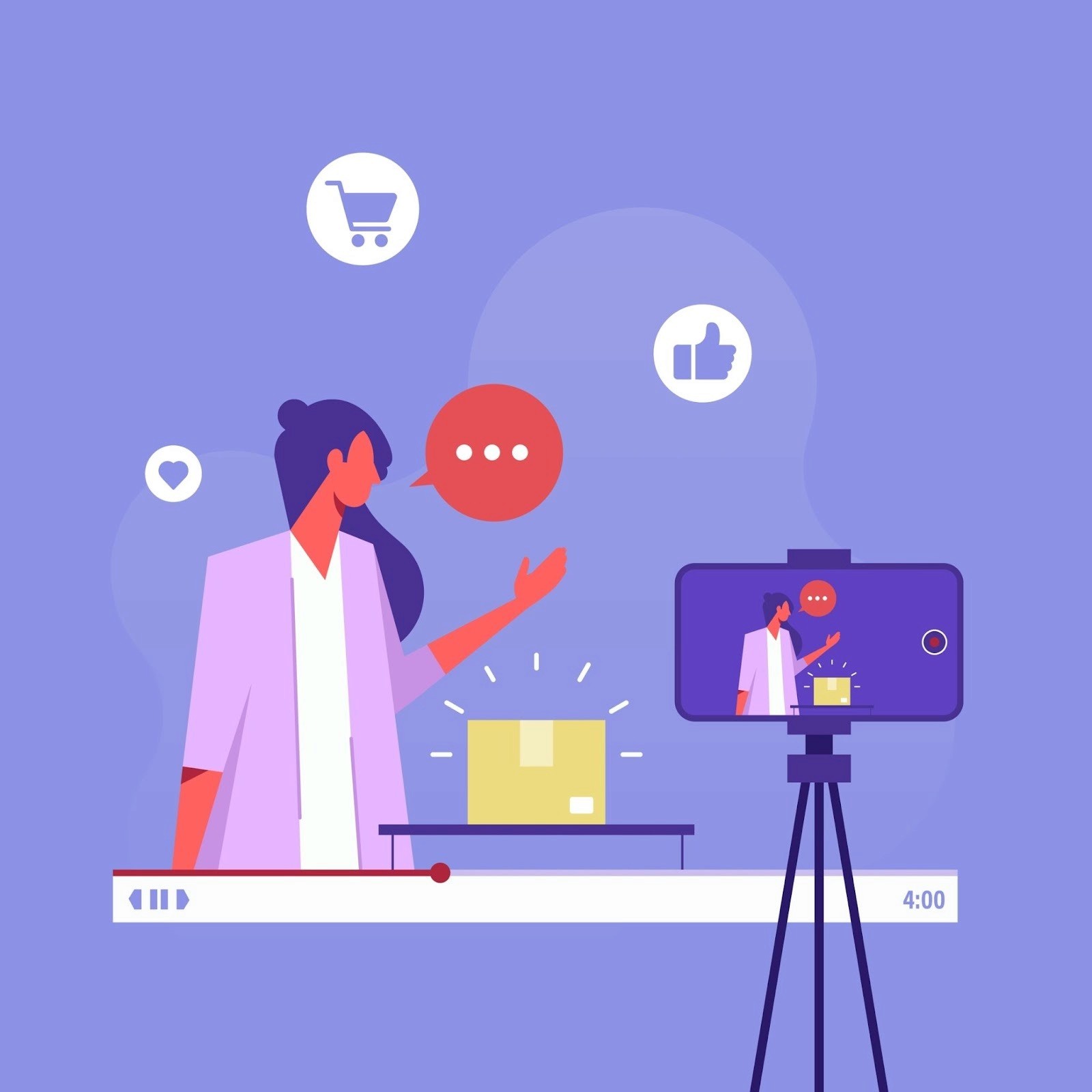 Illustration of a female influencer filming a product review video with social engagement icons, representing e-commerce creator marketing and social commerce