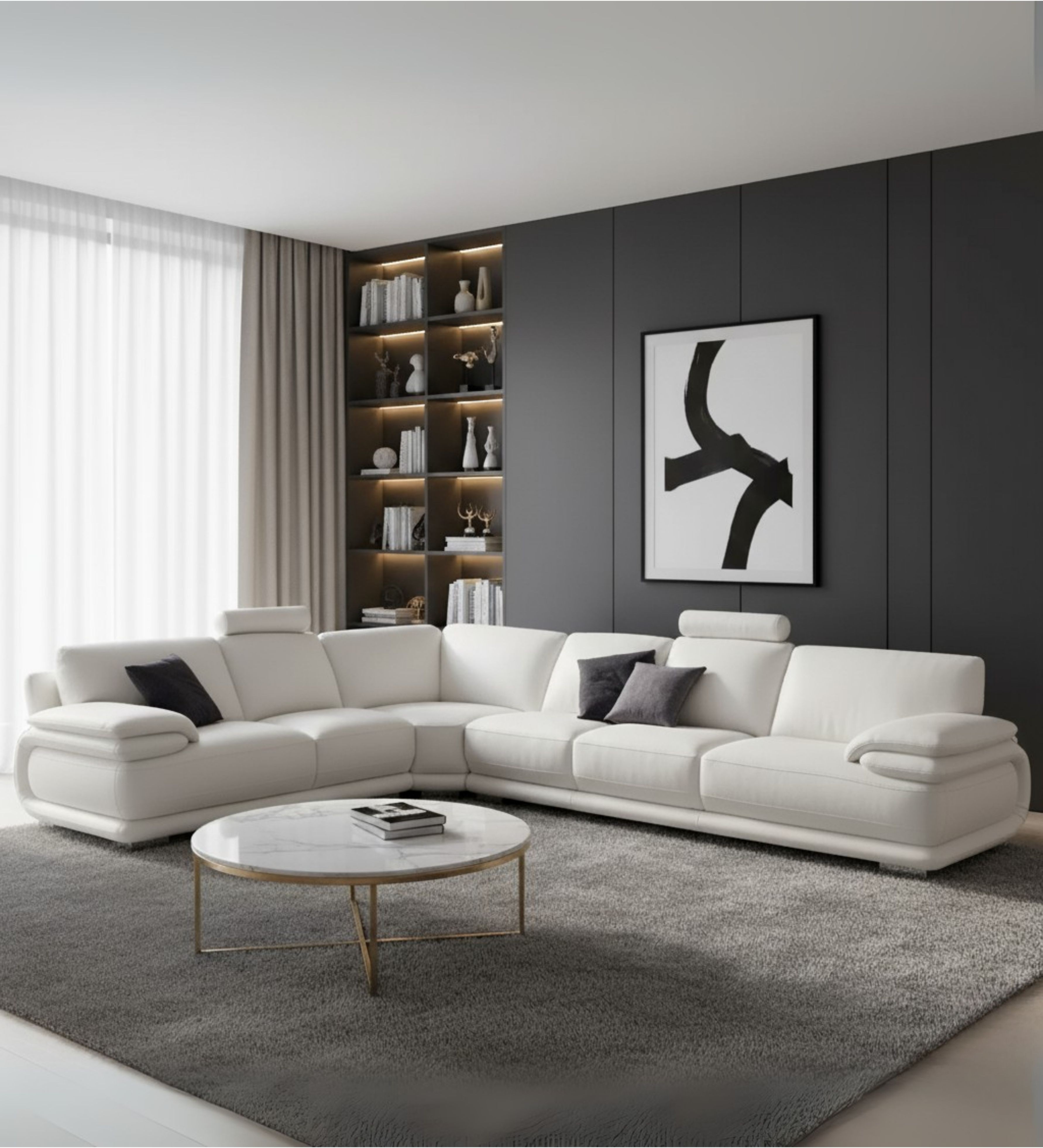 An expansive sofa composition with clean lines in a sophisticated interior