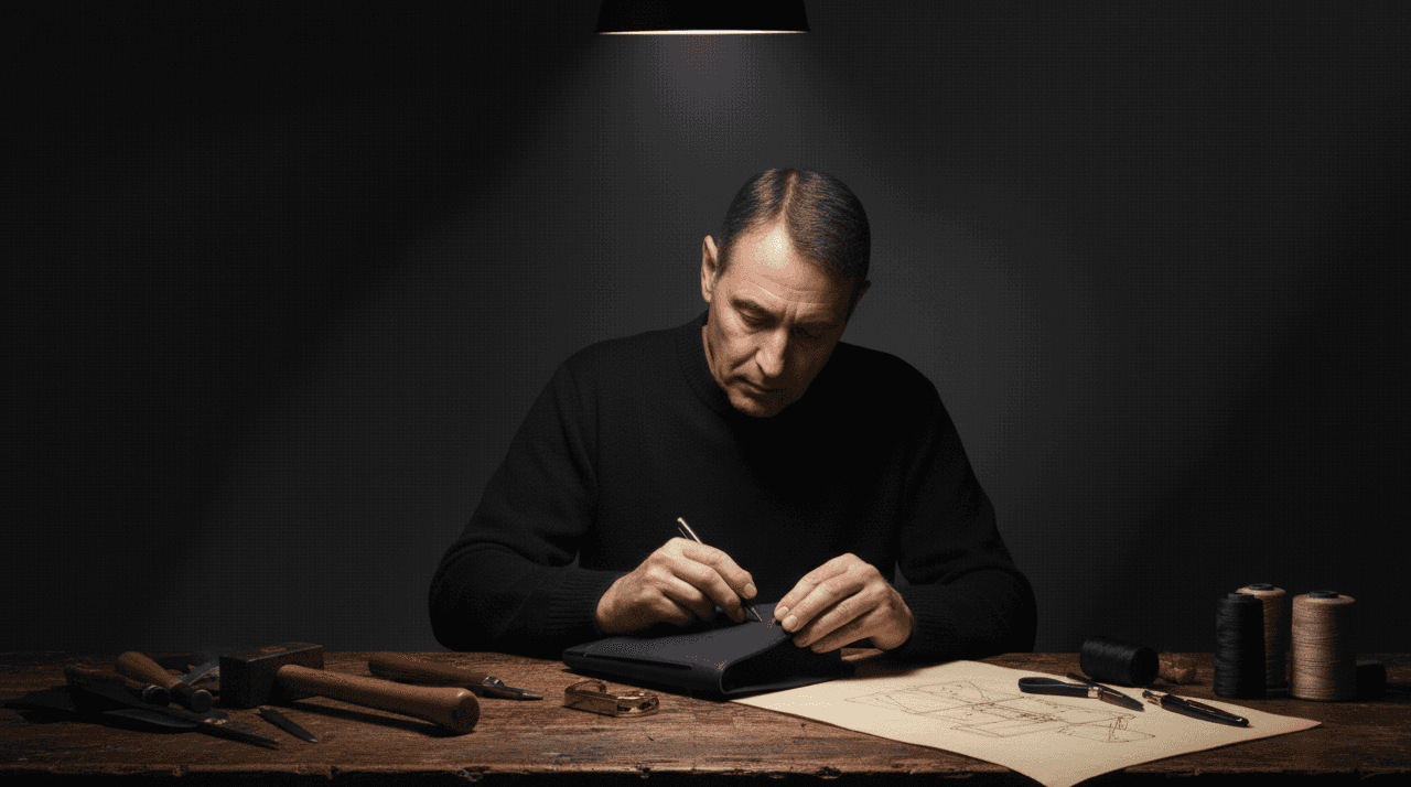 a man crafting a purse on a table