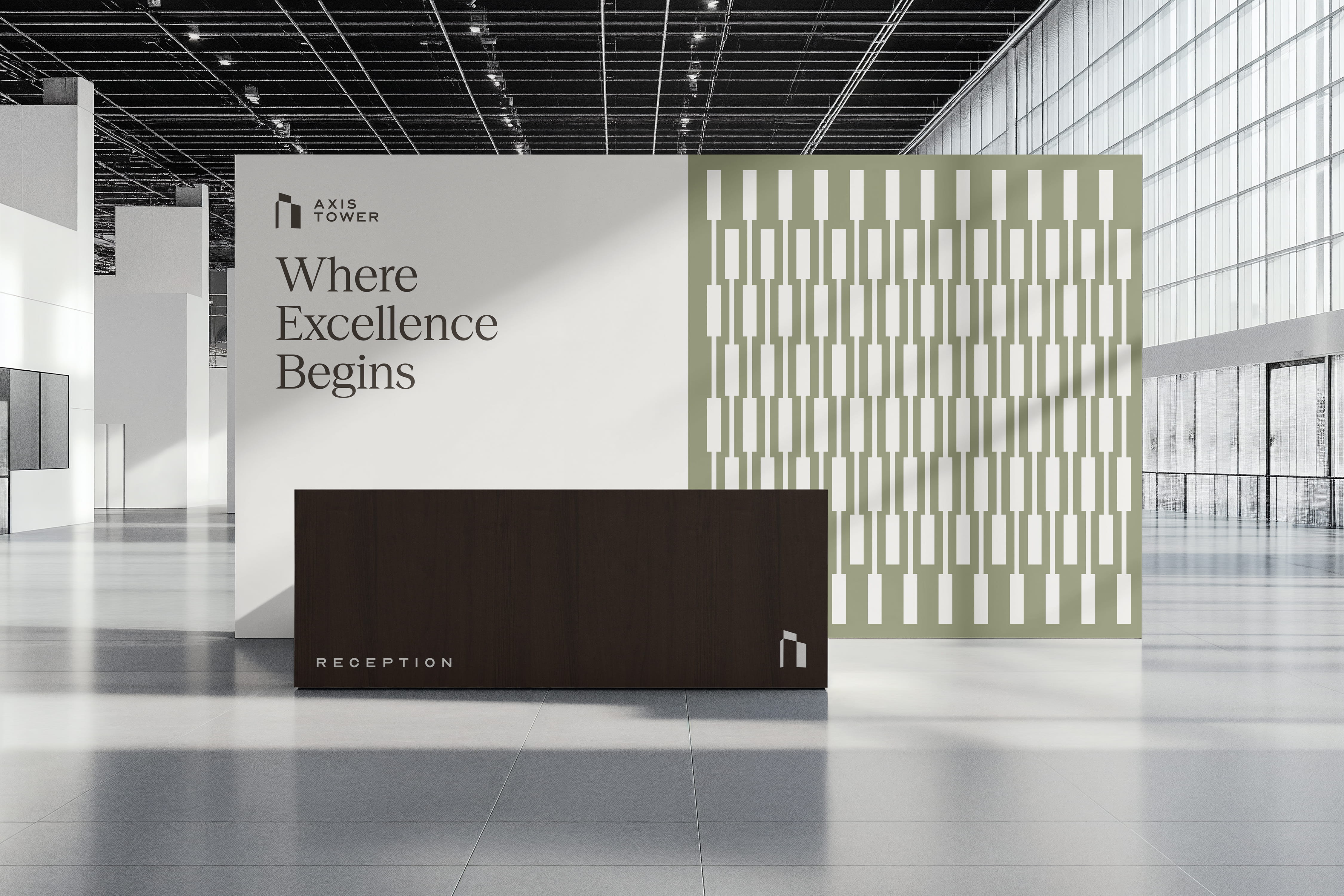 Branding, reception design and visual identity design for premium, luxury office building in Douala, Cameroon