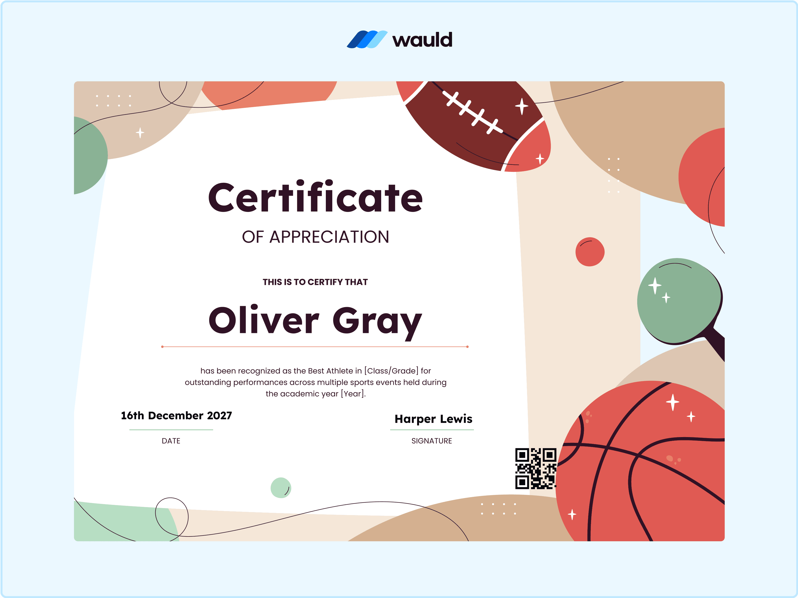 Wauld - Sports certificate of appreciation template
