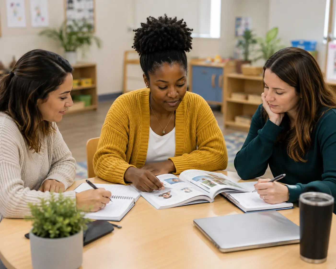early childhood educators reading books and taking notes at a table