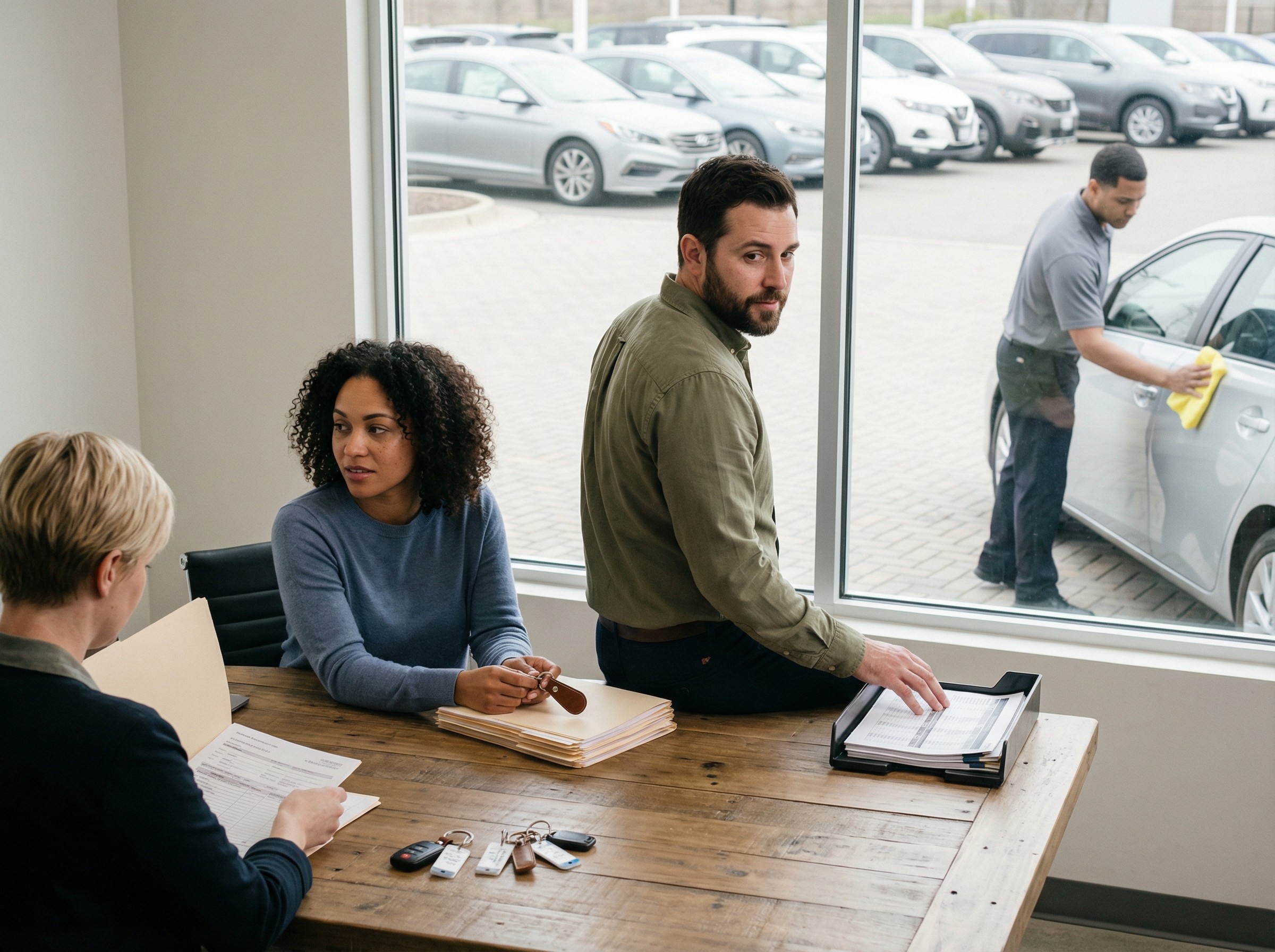 Im Backoffice sortiert ein Team Schlüsselbunde und bereitet Unterlagen auf einem Tisch vor. Draußen werden Fahrzeuge in Position gebracht, ein Kollege prüft noch einmal die Sauberkeit. Alles folgt einem klaren Ablauf. Die Stimmung ist fokussiert und ruhig.
