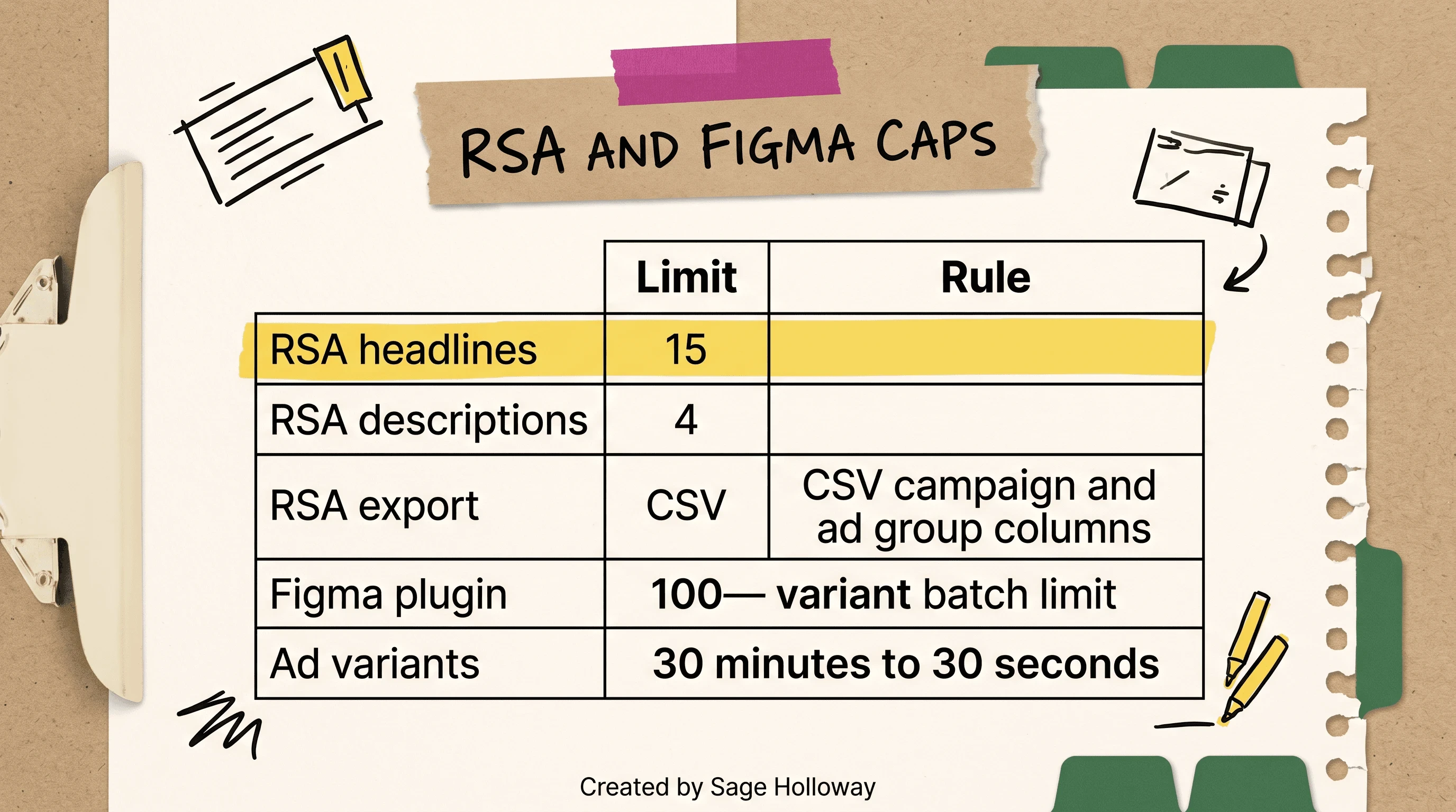 Table of Google Ads RSA 15 headlines and 4 descriptions plus a Figma 100-variant batch limit