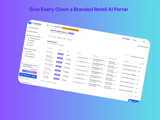 Retell wrapper split feature with fully branded client portals, call transcripts and AI summaries, and custom KPI and conversion funnel pages | VoiceAIWrapper.