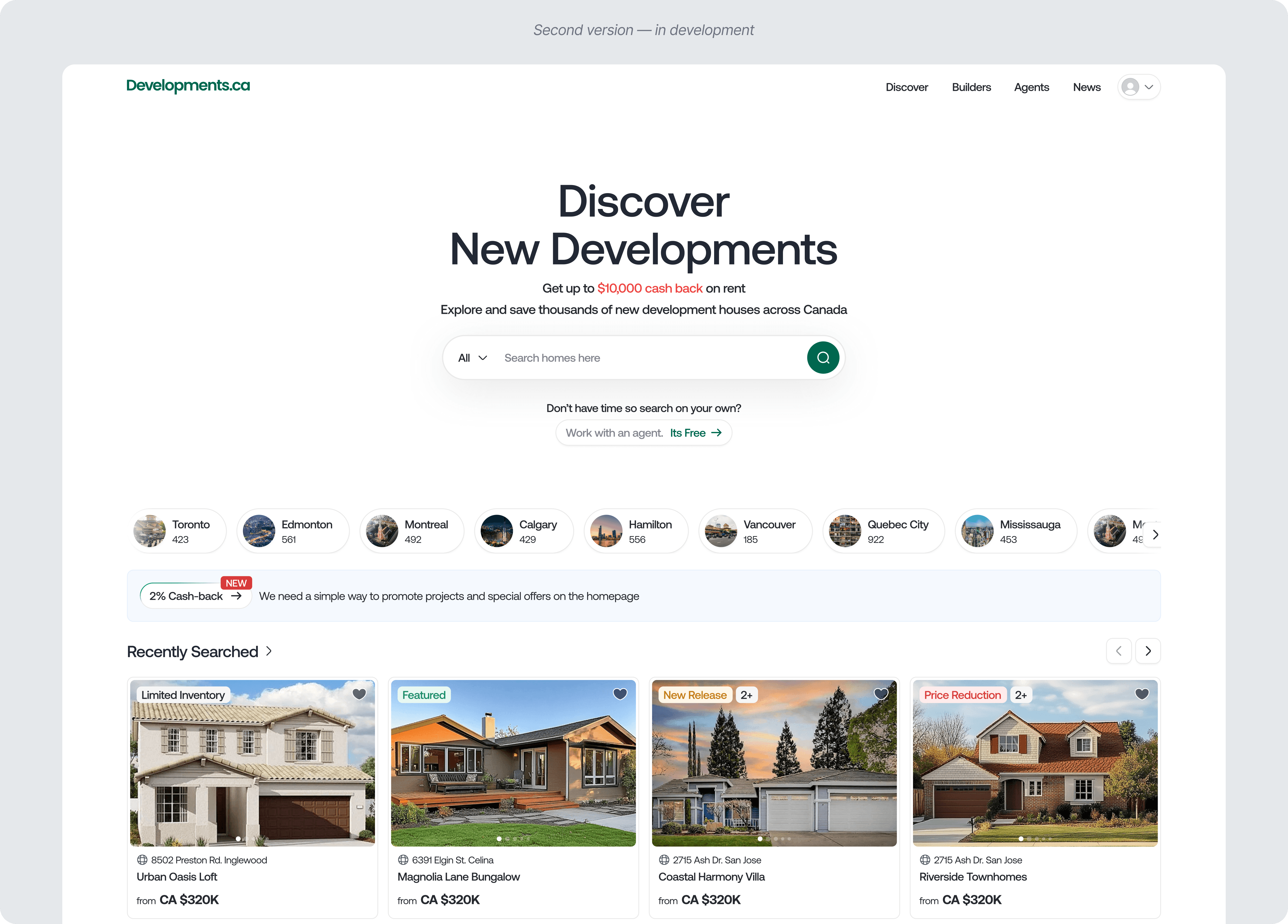 Updated Discover New Developments homepage layout with simplified search experience, cashback promotion, city shortcuts, and featured property cards.
