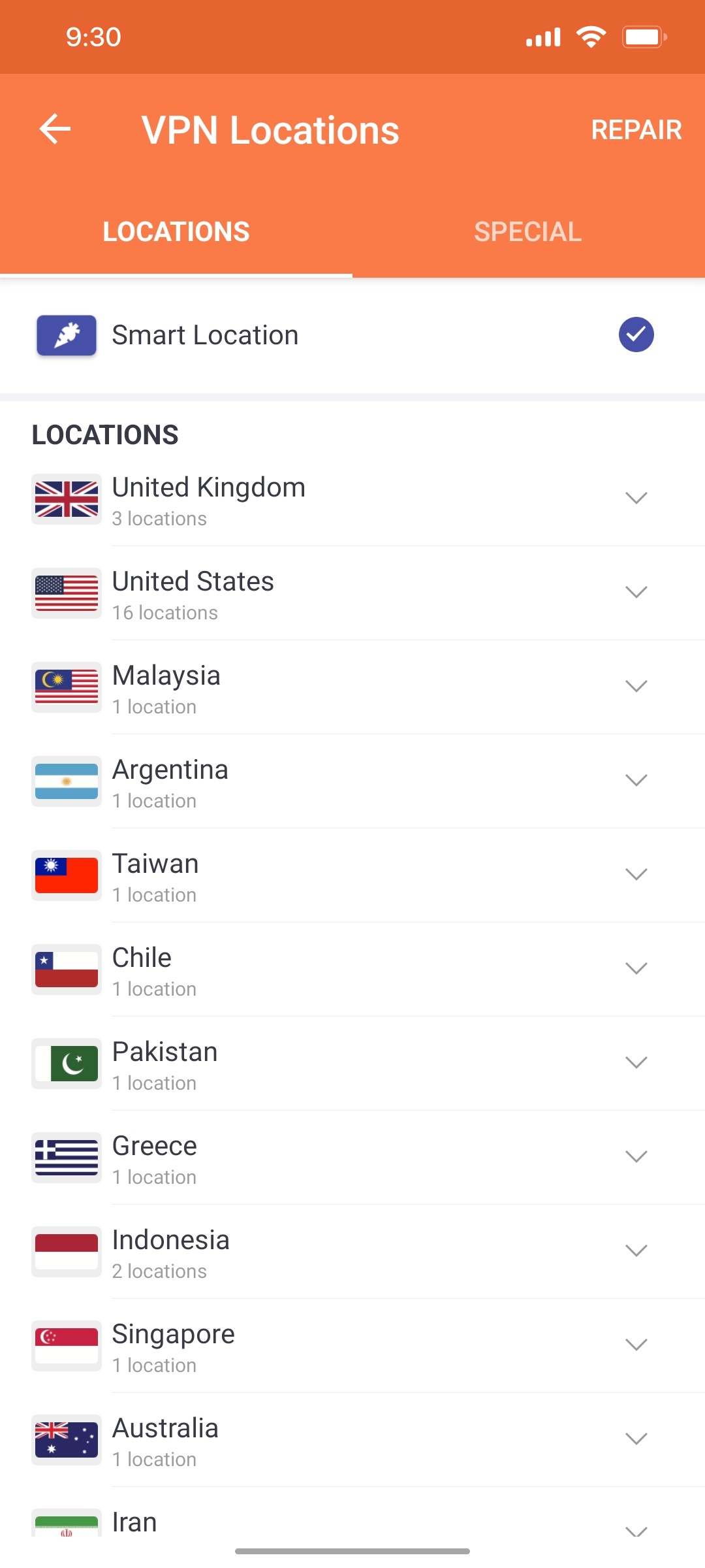 turbo vpn Vpn location screen