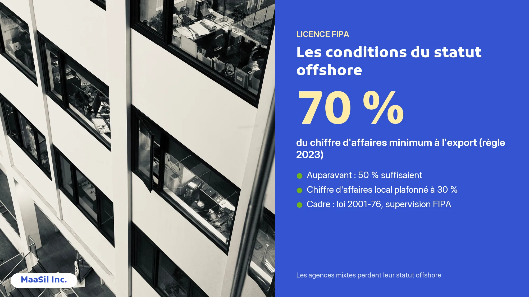 Infographie licence FIPA : 70 % du chiffre d'affaires à l'export minimum pour le statut offshore en Tunisie