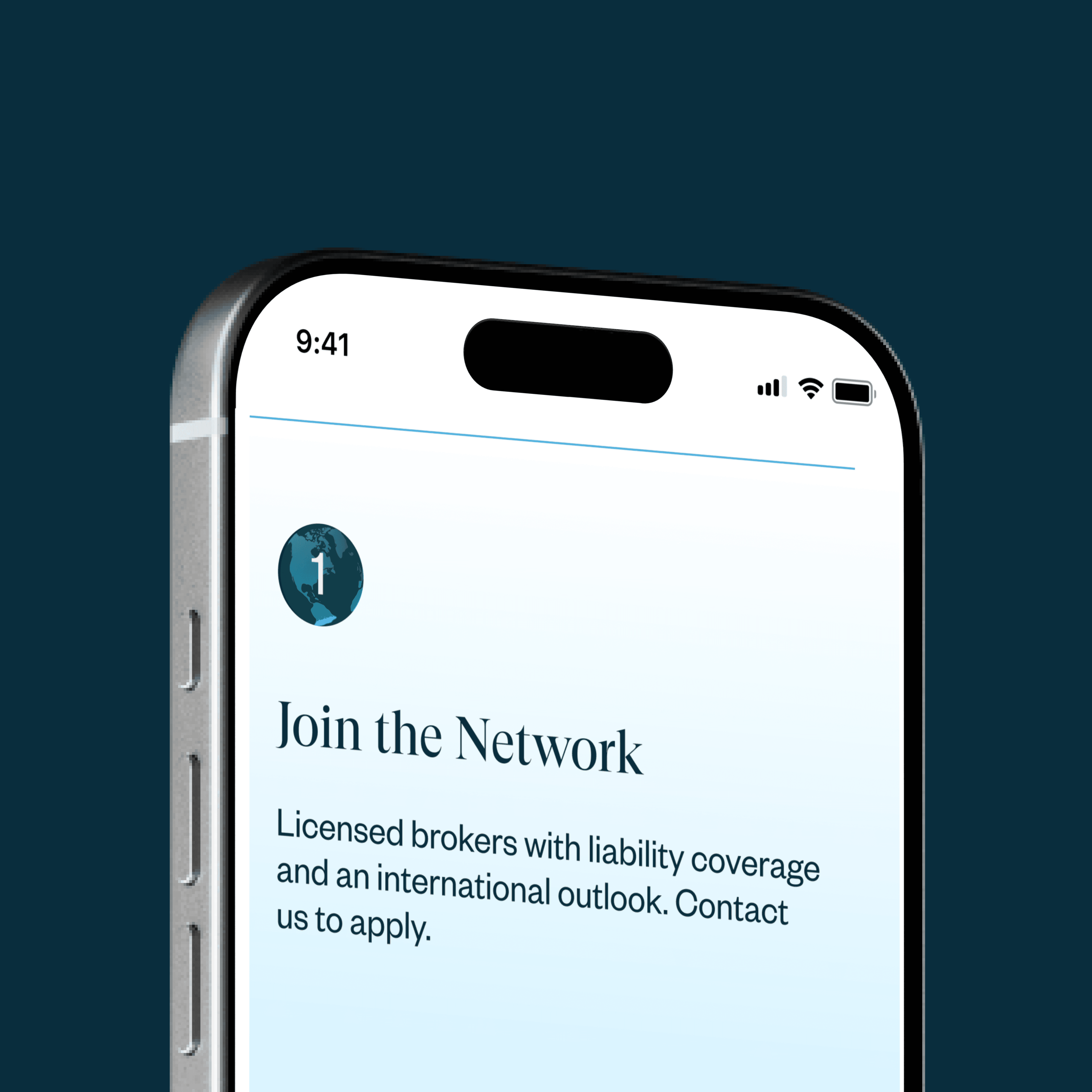 Close-up of an iPhone displaying step one of the UnisonSteadfast onboarding flow — "Join the Network" — with a globe icon and supporting copy on a light blue gradient background.