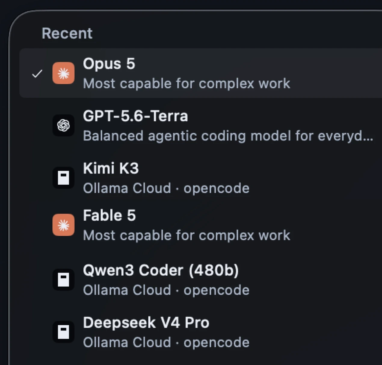 FlowDeck model picker showing Opus 5, GPT-5.6-Terra, Kimi K3, Fable 5, Qwen3 Coder and Deepseek V4 Pro