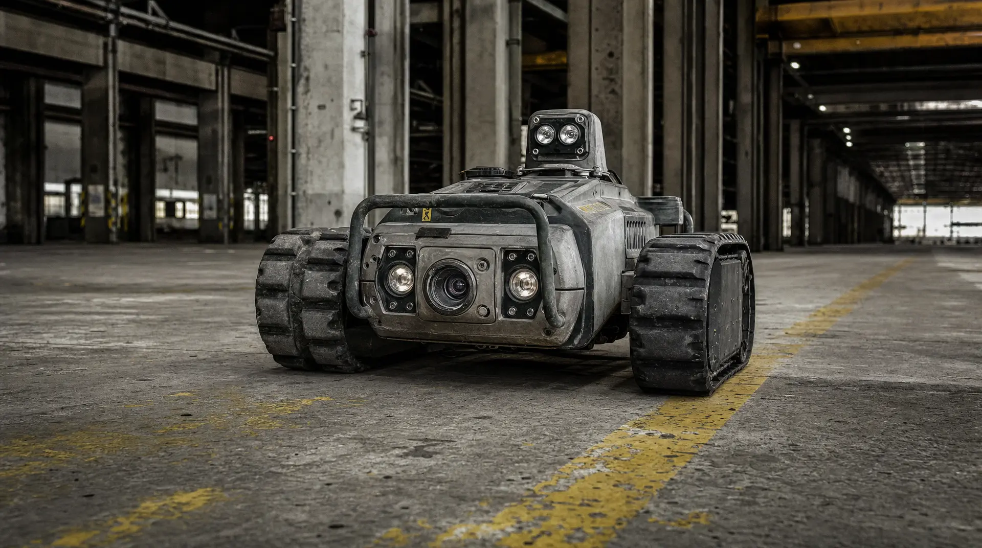 Industrial hangar scene featuring a rugged robot vehicle with dual headlamps and four oversized tires, framed to support robotics branding messaging.