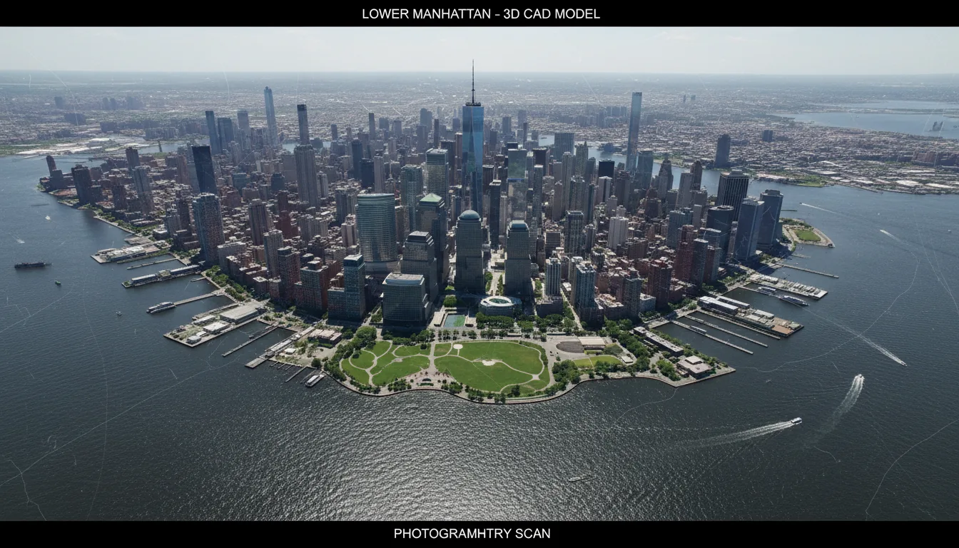 High-angle perspective 3D render of a detailed CAD model of Lower Manhattan, New York City, in the style of a photogrammetry scan. The scene captures the dense urban grid of the Financial District, the green landscape of Battery Park, and the surrounding dark water with piers. The lighting is neutral, bright daylight, casting distinct, sharp shadows that emphasize the architectural complexity. The composition is a sprawling, data-rich visualization with a slightly warped, stitched panorama effect at the edges.