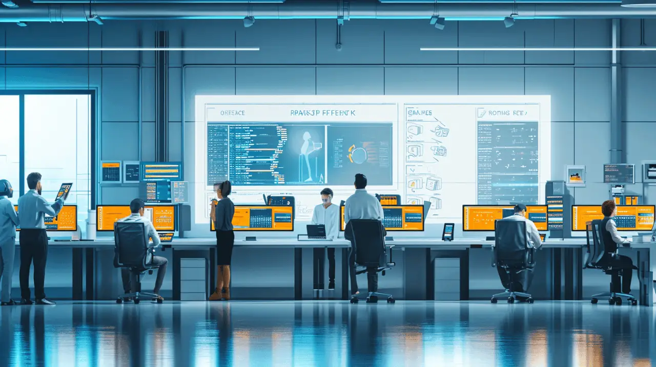 Analysts working at desks in a control room facing large data wall displays.