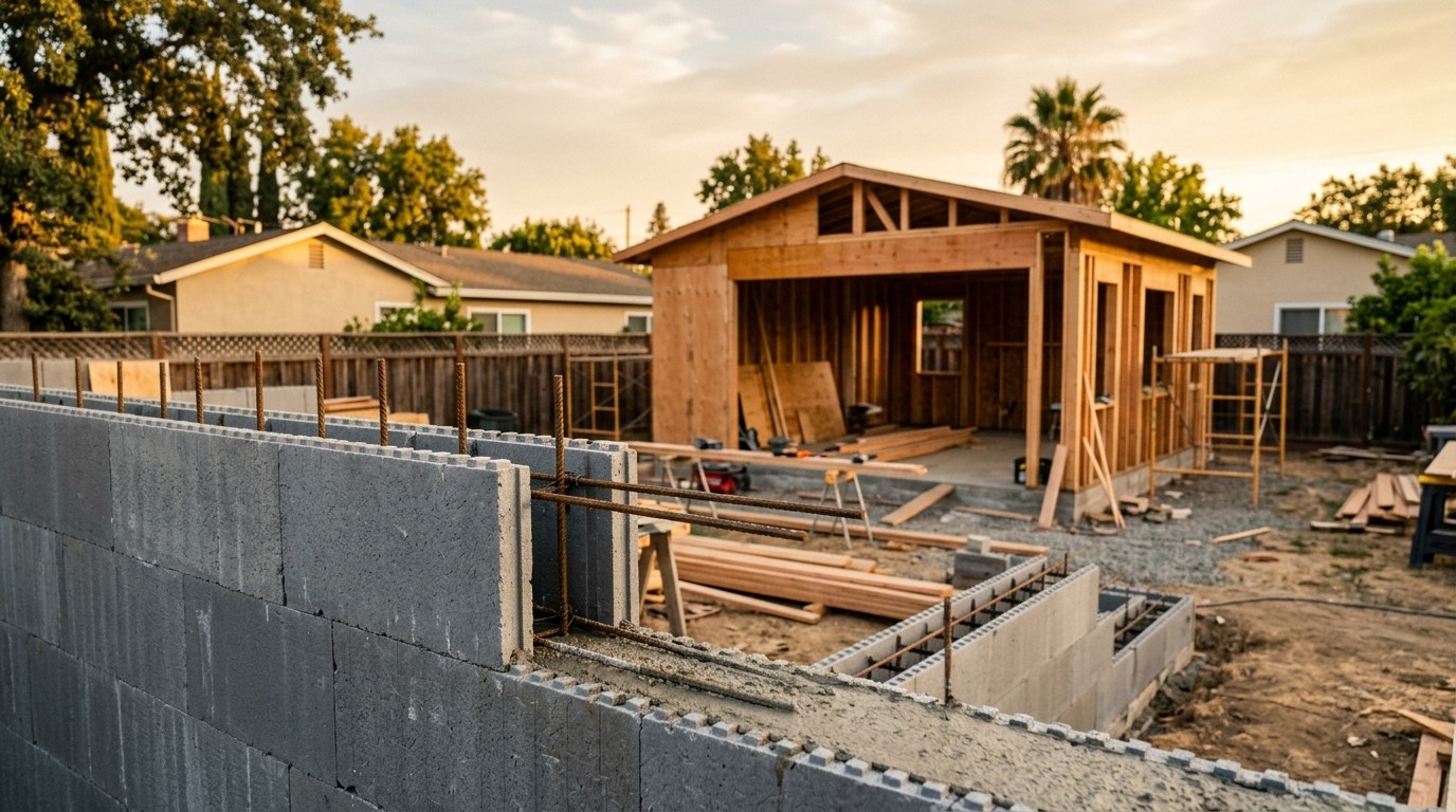 concrete formwork residential construction backyard rebar