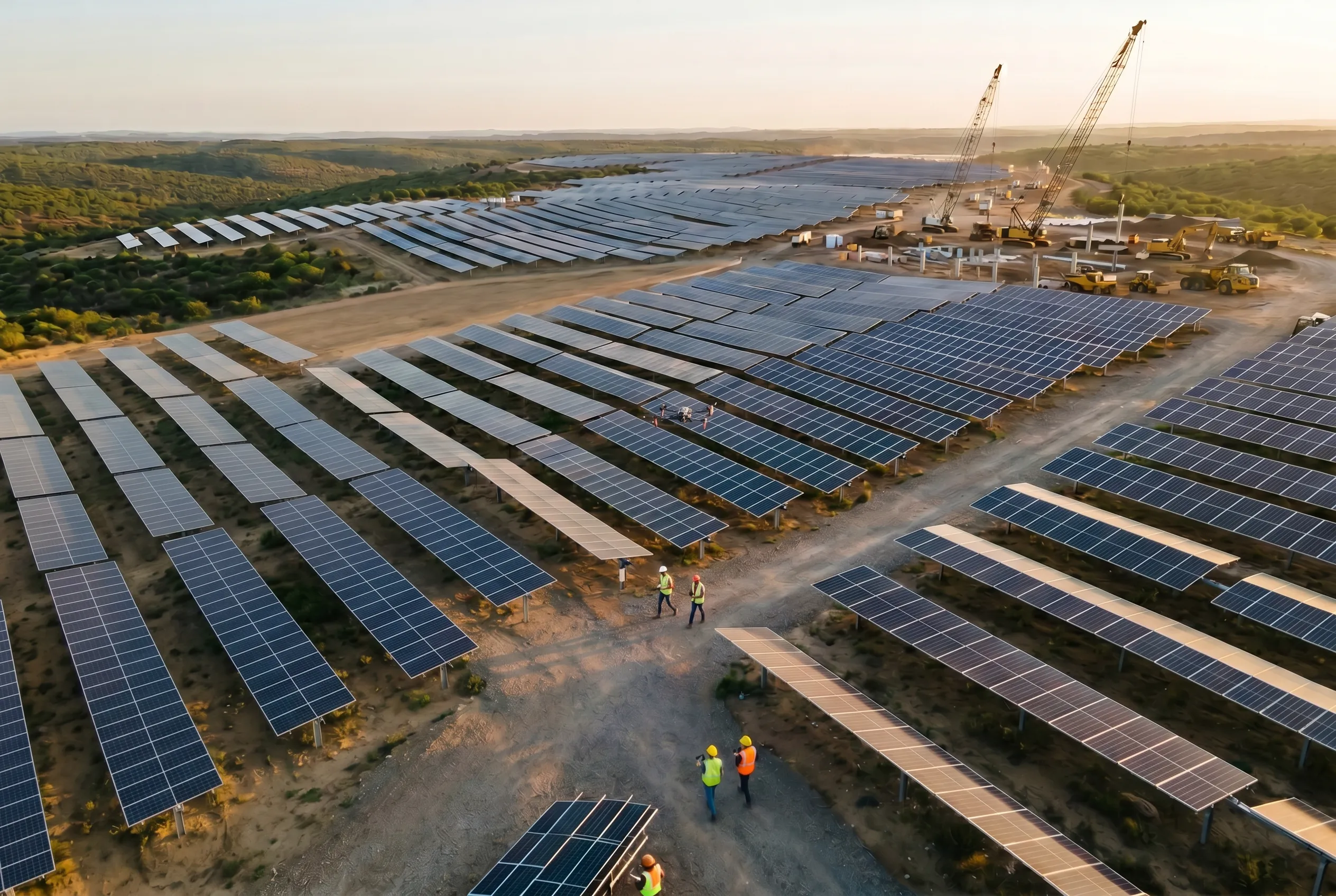 Solar panel installation site with workers and machinery in a rural area.
