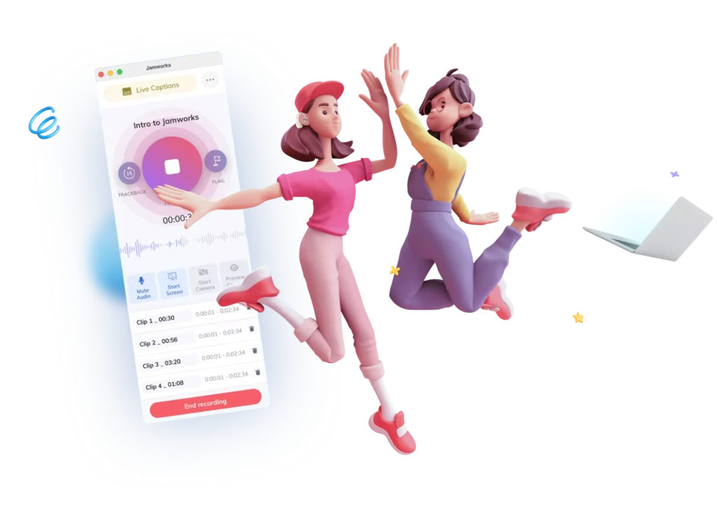 A screenshot of the Jamworks app with two illustrated female students doing the high five gesture