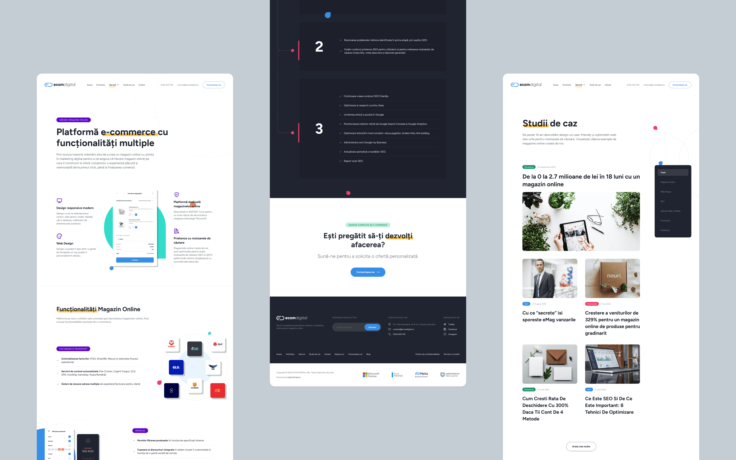 Ecom Digital website redesign — service, SEO, and case study page layouts.