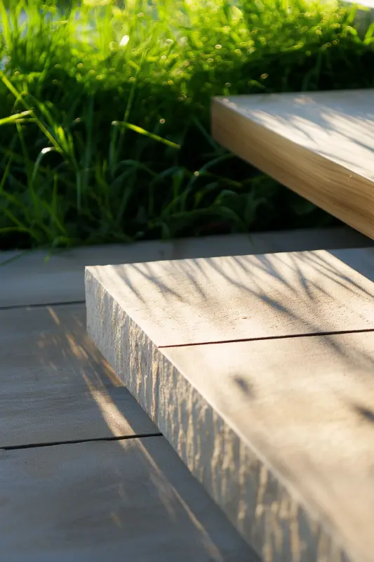 Stone steps and patio detail with greenery, clean landscaping materials and craftsmanship