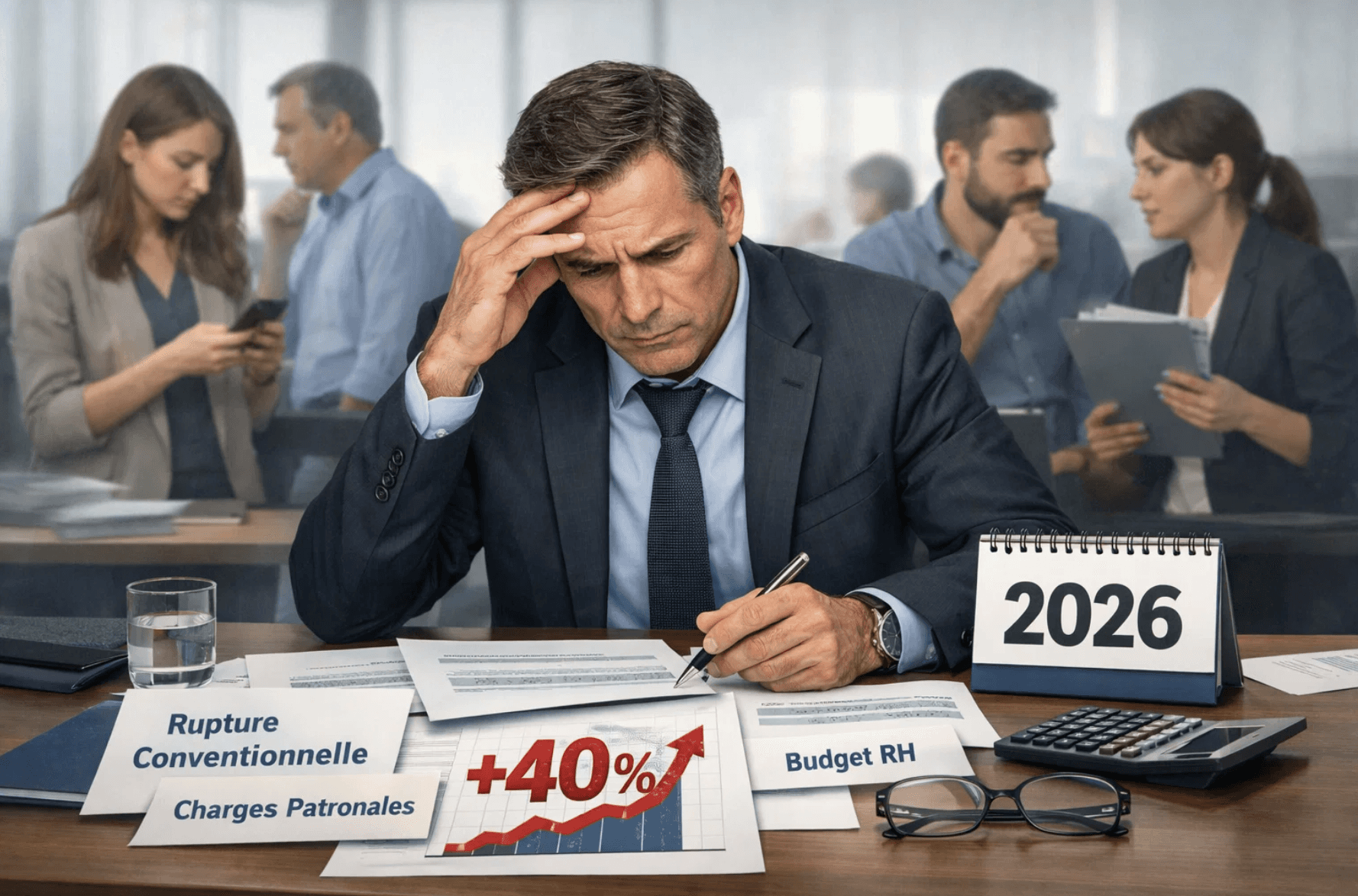 Illustration d’un dirigeant et de salariés préoccupés face à la hausse du coût employeur liée à la rupture conventionnelle en 2026, avec une augmentation de la contribution patronale à 40 %.