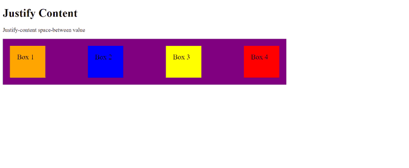 Four flex items being contained in a flex container with justify content space-between values applied