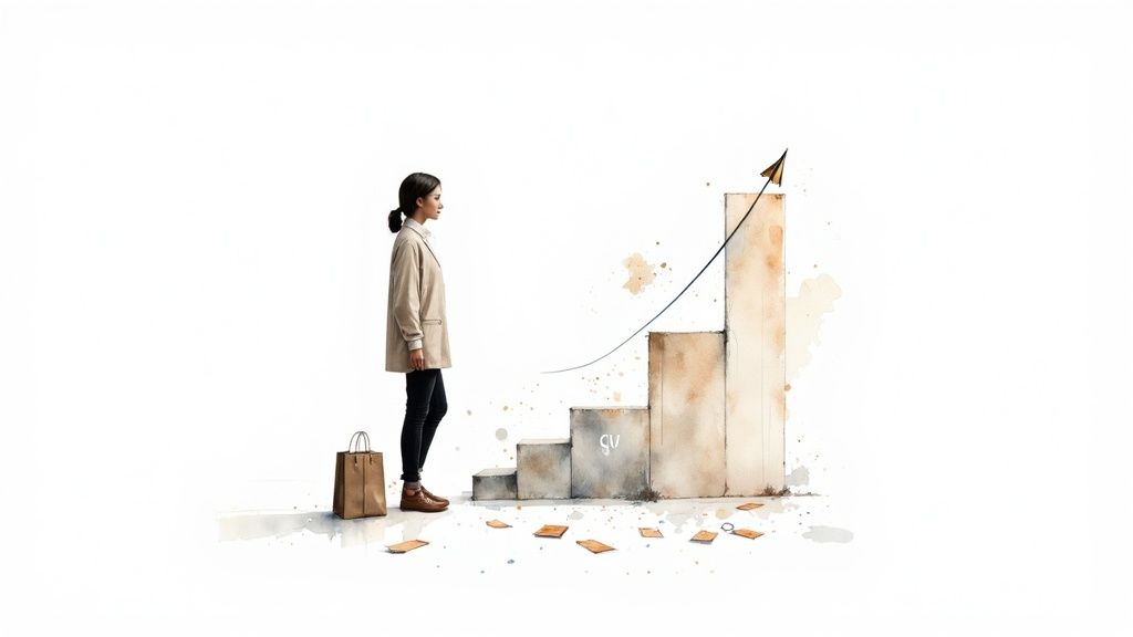 Watercolor image of a woman looking at a growing bar chart with a paper plane, symbolizing business progress.