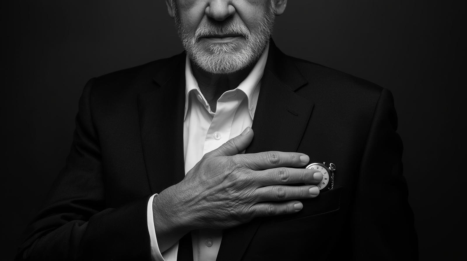Uomo con la mano sul petto accanto ad un orologio nel taschino, metafora del tempo come cuore.