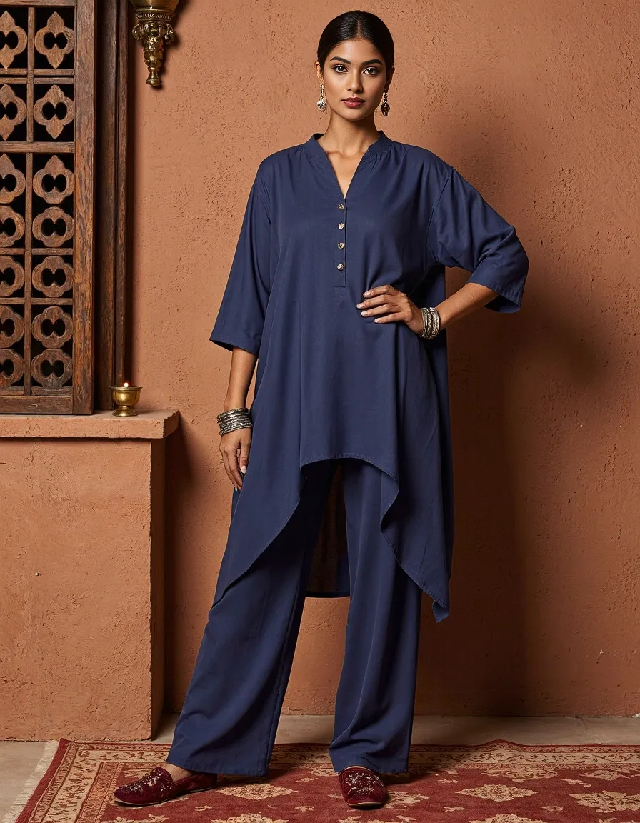 Elegant navy kurta and palazzo set against terracotta wall, featuring asymmetrical hemline, statement jewelry, and cultural setting