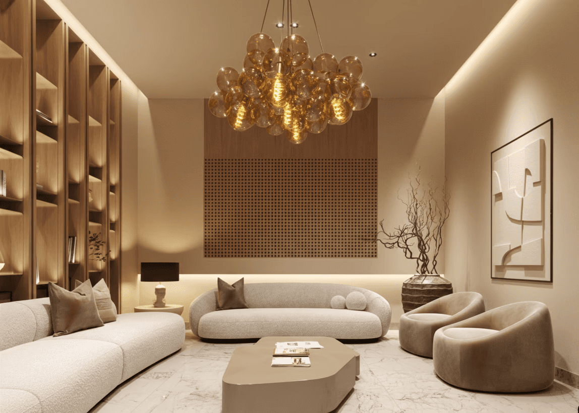 A serene and elegant spa space with wooden reclining chairs and white cushions. Golden sunlight filters through a cascading water feature, creating a peaceful atmosphere. Tropical plants and candles add to the relaxing ambiance.