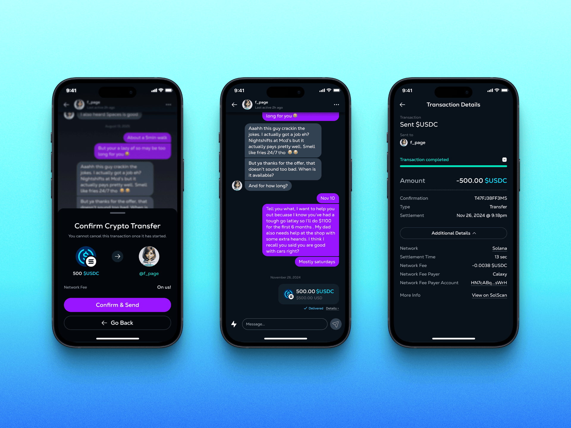 End-to-end crypto transfer via direct messages in the Calaxy app, illustrating confirmation, delivery, and transaction details for a USDC payment sent through chat.