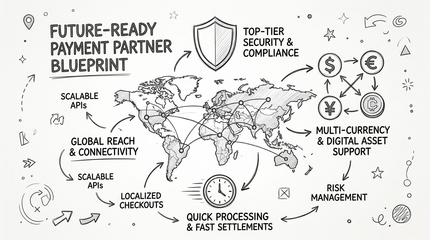 A hand-drawn illustration depicting a future-ready payment partner blueprint featuring a world map and global payment solutions.