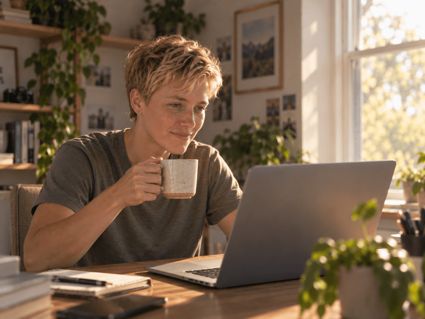 A person holding a mug while attending a video appointment on a laptop