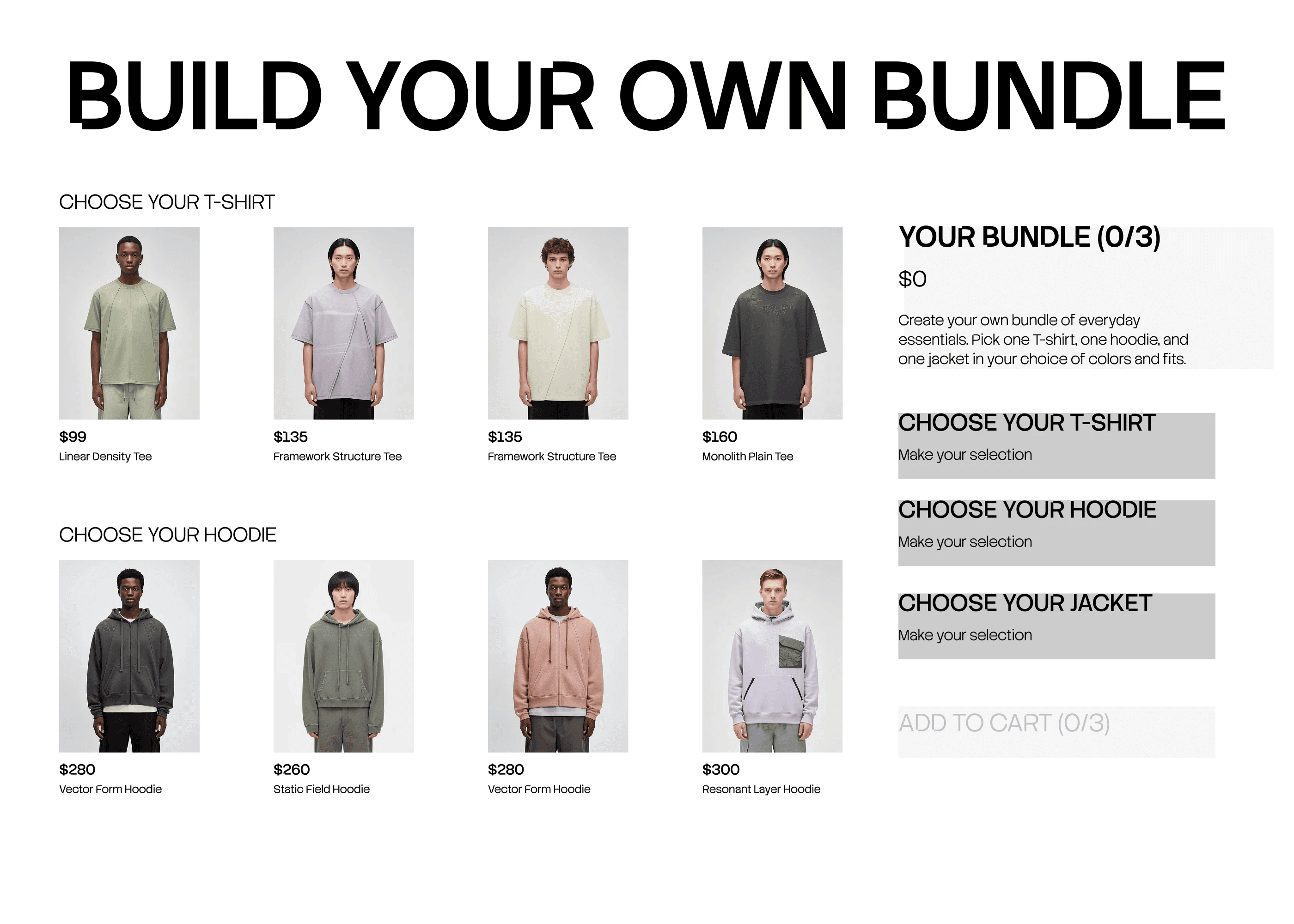 Bundly build-your-own bundle page with t-shirt, hoodie, and jacket steps