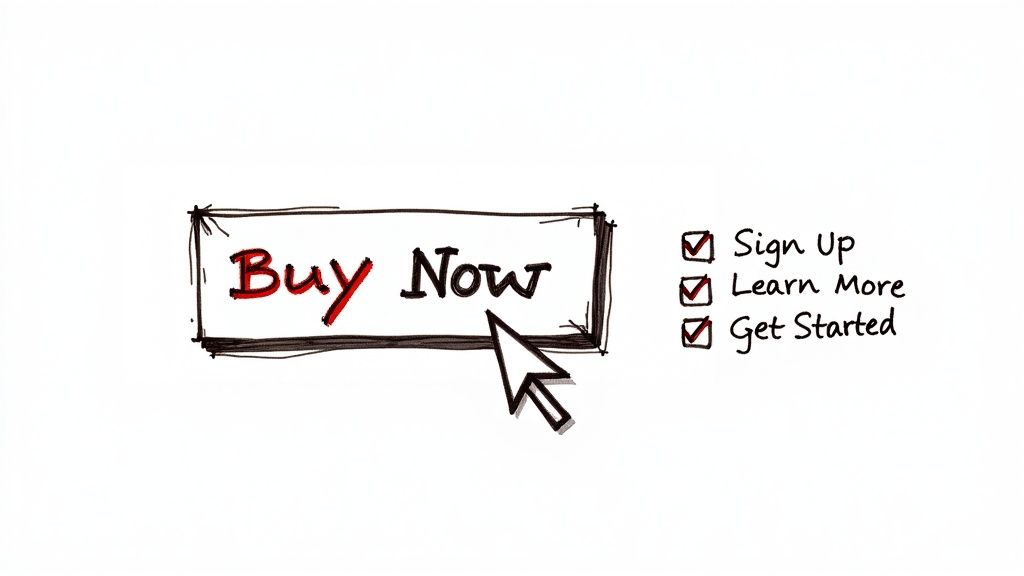 Hand-drawn 'Buy Now' button with a mouse cursor, beside a checked list of call to action options.